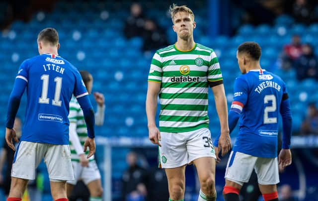 A dejected Kristoffer Ajer at the end of Celtic's defeat at Ibrox on Saturday that has he admits has left Neil Lennon's men requiring to win all of their remaining 19 Premiership games to overhaul Steven Gerrard's runaway league leaders. (Photo by Alan Harvey / SNS Group)