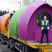 Colourful convoy: Armadilla founder and managing director Archie Hunter with the EdPods as they prepare to leave Bonnyrigg. Picture: Colin Hattersley Photography.