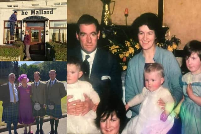 Top left - taking down The Mallard sign, bottom left Susan and Cameron Low with their two sons Gavin and Ewan and a family picture of Iain and Flora Clark with their four children left to right Lorna, Catriona, Alasdair and Susan picture: Susan Law