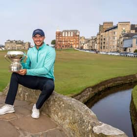 Irishman Alex Maguire shows off the St Andrews Links Trophy after storming to a five-shot success in one of the amateur game's 'majors'. Picture: St Andrews Links