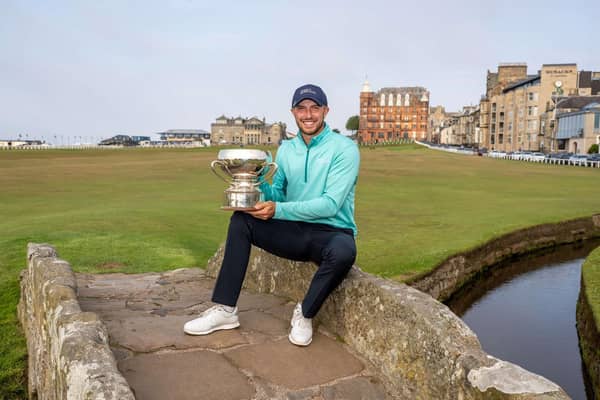 Irishman Alex Maguire shows off the St Andrews Links Trophy after storming to a five-shot success in one of the amateur game's 'majors'. Picture: St Andrews Links