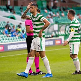 Nir Bitton was shown a second yellow card for a clash with Anders Dreyer. (Photo by Alan Harvey / SNS Group)