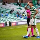 Nir Bitton was shown a second yellow card for a clash with Anders Dreyer. (Photo by Alan Harvey / SNS Group)
