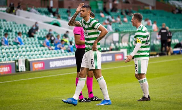 Nir Bitton was shown a second yellow card for a clash with Anders Dreyer. (Photo by Alan Harvey / SNS Group)