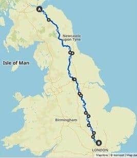 The route Chris is completing is 500 miles across the UK.