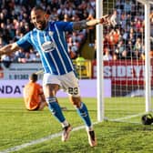 Kilmarnock's Kyle Vassell celebrates making it 2-0 during a cinch Premiership match between Dundee United and Kilmarnock at Tannadice, on May 24, 2023, in Dundee, Scotland.  (Photo by Alan Harvey / SNS Group)