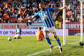 Kilmarnock's Kyle Vassell celebrates making it 2-0 during a cinch Premiership match between Dundee United and Kilmarnock at Tannadice, on May 24, 2023, in Dundee, Scotland.  (Photo by Alan Harvey / SNS Group)