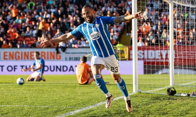 Kilmarnock's Kyle Vassell celebrates making it 2-0 during a cinch Premiership match between Dundee United and Kilmarnock at Tannadice, on May 24, 2023, in Dundee, Scotland.  (Photo by Alan Harvey / SNS Group)