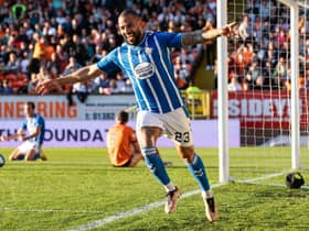 Kilmarnock's Kyle Vassell celebrates making it 2-0 during a cinch Premiership match between Dundee United and Kilmarnock at Tannadice, on May 24, 2023, in Dundee, Scotland.  (Photo by Alan Harvey / SNS Group)