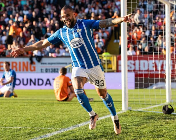 Kilmarnock's Kyle Vassell celebrates making it 2-0 during a cinch Premiership match between Dundee United and Kilmarnock at Tannadice, on May 24, 2023, in Dundee, Scotland.  (Photo by Alan Harvey / SNS Group)