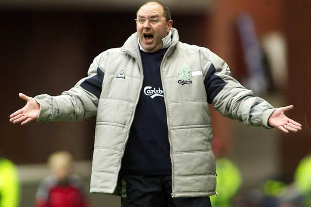 21/02/04  SPL
RANGERS v HIBS
IBROX - GLASGOW
Hibs manager Bobby Williamson appeals to the referee for justice during a match against Rangers at Ibrox in February 2004.