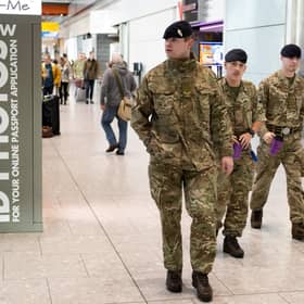 Army personal at Heathrow airport on there way to work on border control. Picture: SWNS
