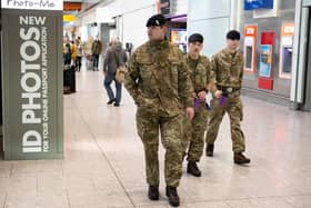 Army personal at Heathrow airport on there way to work on border control. Picture: SWNS