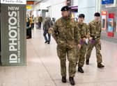 Army personal at Heathrow airport on there way to work on border control. Picture: SWNS