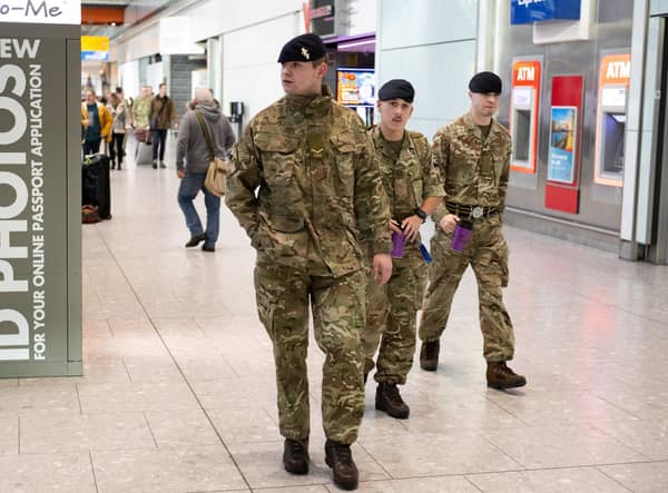 Army personal at Heathrow airport on there way to work on border control. Picture: SWNS