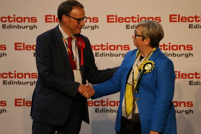 Joanna Cherry congratulates Labour's Scott Arthur on replacing her as the MP for Edinburgh South West (Picture: Katielee Arrowsmith/SWNS)