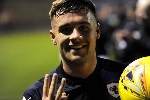 Raith striker Lewis Vaughan with the matchball after scoring a hat-trick against Dunfermline in January 2019. Credit- Fife Photo Agency