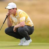 Bob MacIntyre lines up a putt on the 18th green during the third round of the Genesis Scottish Open at The Renaissance Club in East Lothian. Picture: Andrew Redington/Getty Images.