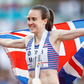 Laura Muir celebrates after winning bronze in the Women's 1500m final at the World Athletics Championships at Hayward Field in Oregon. (Photo by Steph Chambers/Getty Images)