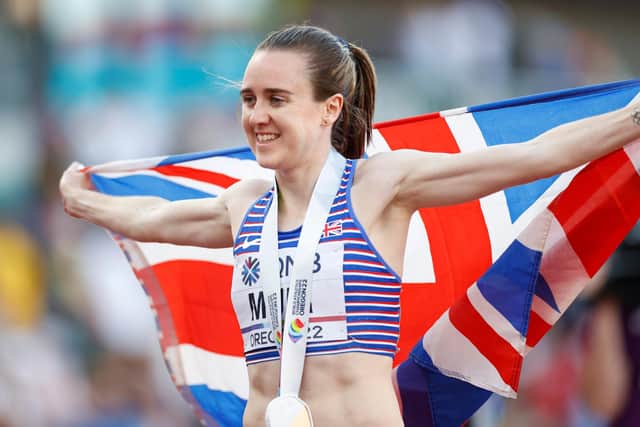 Laura Muir celebrates after winning bronze in the Women's 1500m final at the World Athletics Championships at Hayward Field in Oregon. (Photo by Steph Chambers/Getty Images)