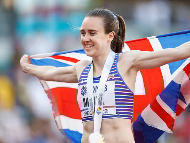 Laura Muir celebrates after winning bronze in the Women's 1500m final at the World Athletics Championships at Hayward Field in Oregon. (Photo by Steph Chambers/Getty Images)