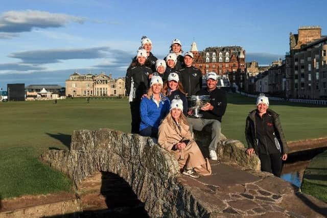 The Ukrainian national golf team, along with Veronika Rastvortseva and Toni Zverblis of Project Ukraine, pose with Dunhill Links champion Ryan Fox on the Swilcan Bridge in St Andrews. Picture: The R&A