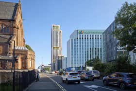 How the high-rise development would look within its surroundings in the west end of Glasgow city centre.