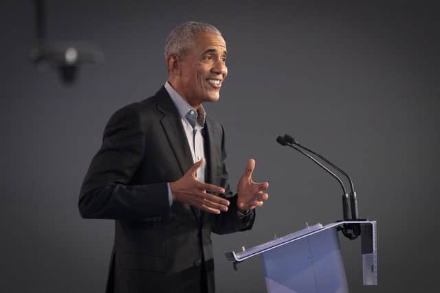 Former US president Barack Obama delivers a speech to delegates during the Cop26 summit at the Scottish Event Campus (SEC) in Glasgow.