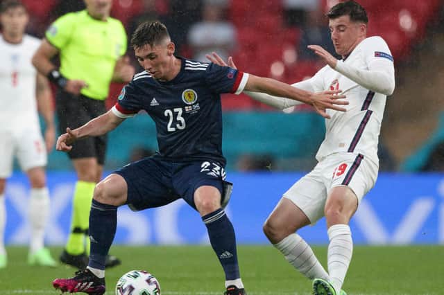 Billy Gilmour fends off Chelsea team-mate Mason Mount during last Friday's goalless draw between England and Scotland (Photo by Craig Williamson / SNS Group)
