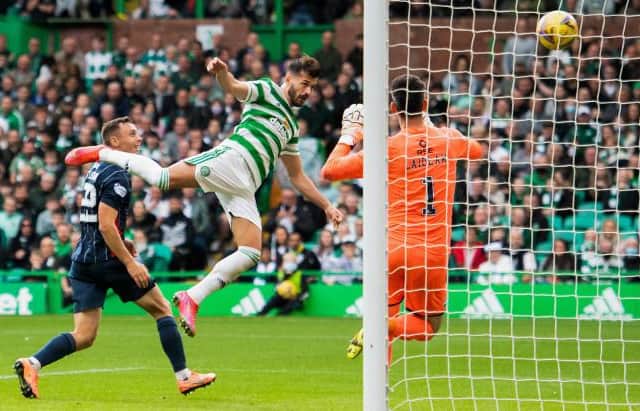 Albian Ajeti heads from from close range to make it 2-0 for Celtic against Ross County. (Photo by Ross MacDonald / SNS Group)