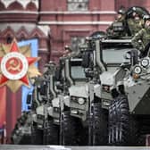 Russian military vehicles drive on Red Square during the Victory Day military parade in Moscow In May this year. The May 9 event celebrated the 79th anniversary of the victory over Nazi Germany in World War II (Photo by Alexander Nemenov/AFP via Getty Images)