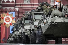 Russian military vehicles drive on Red Square during the Victory Day military parade in Moscow In May this year. The May 9 event celebrated the 79th anniversary of the victory over Nazi Germany in World War II (Photo by Alexander Nemenov/AFP via Getty Images)