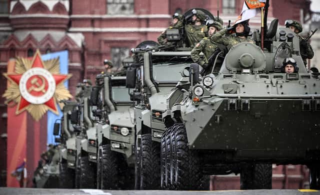 Russian military vehicles drive on Red Square during the Victory Day military parade in Moscow In May this year. The May 9 event celebrated the 79th anniversary of the victory over Nazi Germany in World War II (Photo by Alexander Nemenov/AFP via Getty Images)