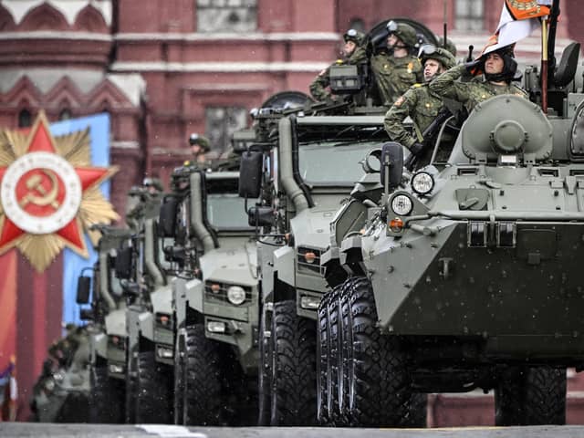Russian military vehicles drive on Red Square during the Victory Day military parade in Moscow In May this year. The May 9 event celebrated the 79th anniversary of the victory over Nazi Germany in World War II (Photo by Alexander Nemenov/AFP via Getty Images)