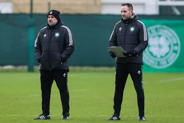 Celtic assistant John Kennedy (right) with manager Ange Postecoglou. (Photo by Craig Williamson / SNS Group)