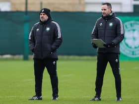 Celtic assistant John Kennedy (right) with manager Ange Postecoglou. (Photo by Craig Williamson / SNS Group)