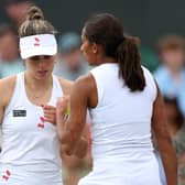 Maia Lumsden (left) and Naiktha Bains during their Ladies' doubles quarter final defeat to Storm Hunter and Elise Mertens at Wimbledon. Pic: Bradley Collyer/PA Wire.