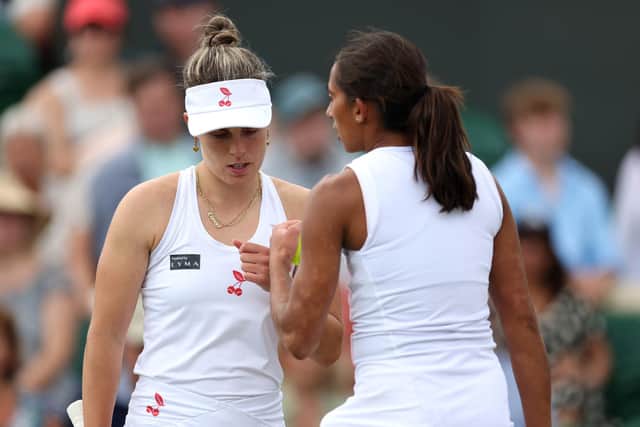 Maia Lumsden (left) and Naiktha Bains during their Ladies' doubles quarter final defeat to Storm Hunter and Elise Mertens at Wimbledon. Pic: Bradley Collyer/PA Wire.