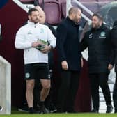 Former Hearts manager Robbie Neilson and Hibs boss Lee Johnson during the new year derby fixture at Tynecastle. (Photo by Ross Parker / SNS Group)