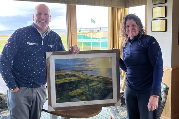 Scottish Women's Amateur Tour founder Alan Tait with handicap winner Leslie McLeod at Royal Dornoch. Picture: SWAT