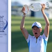 European captain Catriona Matthew lifs the Solheim Cup aloft after her team's win at the Inverness Club in Toledo, Ohio, last year. Picture: Gregory Shamus/Getty Images.