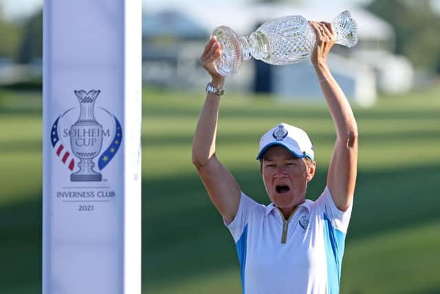 European captain Catriona Matthew lifs the Solheim Cup aloft after her team's win at the Inverness Club in Toledo, Ohio, last year. Picture: Gregory Shamus/Getty Images.