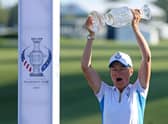 European captain Catriona Matthew lifs the Solheim Cup aloft after her team's win at the Inverness Club in Toledo, Ohio, last year. Picture: Gregory Shamus/Getty Images.