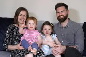 Opal Sandy, second left, who was born completely deaf because of a rare genetic condition, and can now hear unaided for the first time after receiving ground-breaking gene therapy at 11-months-old, pictured with her mother Jo, father James and sister Nora, at their home in Eynsham, Oxfordshire. Photo: Andrew Matthews/PA Wire