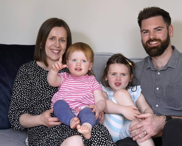 Opal Sandy, second left, who was born completely deaf because of a rare genetic condition, and can now hear unaided for the first time after receiving ground-breaking gene therapy at 11-months-old, pictured with her mother Jo, father James and sister Nora, at their home in Eynsham, Oxfordshire. Photo: Andrew Matthews/PA Wire