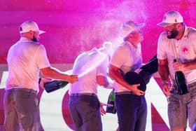 Team captain Jon Rahm, right, celebrates with his Legion XIII team-mates Tyrrell Hatton, Kieran Vincent and Caleb Surratt after their win in LIV Golf's season-opener in Mexico. Picture: Chris Trotman/LIV Golf.