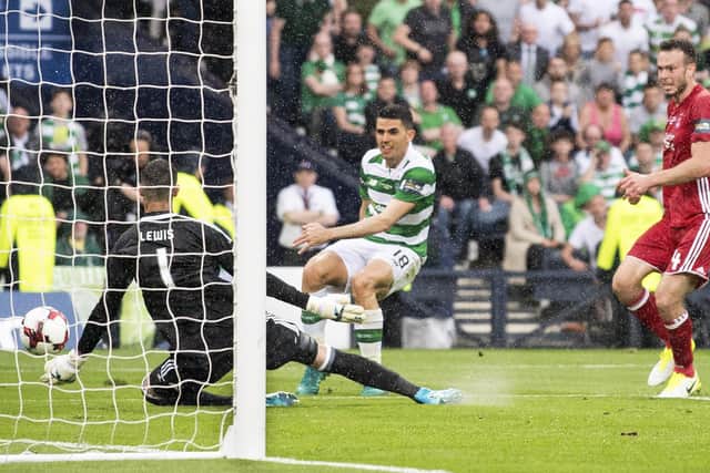 Celtic's Tom Rogic scores the late winner in the 2017 Scottish Cup final against Aberdeen at Hampden.
