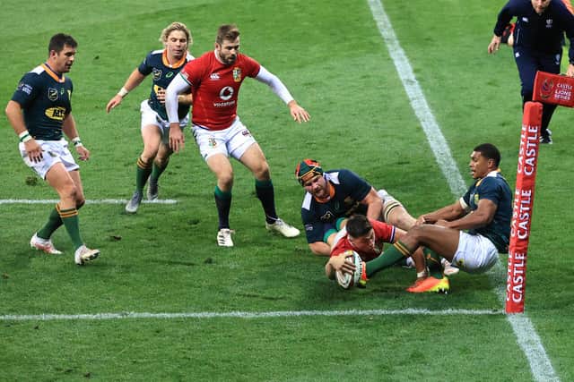 Lions winger Louis Rees-Zammit is stopped just short of the tryline against South Africa A. Picture: David Rogers/Getty Images