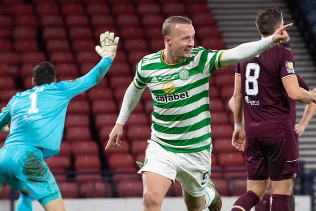 Leigh Griffiths scores in Celtic's Scottish Cup final success over Hearts that claimed the club a quadruple treble and allowed him to sit alongside Tom Rogic as joint-15th in the club's most decorated player list. (Photo by Bill Murray / SNS Group)