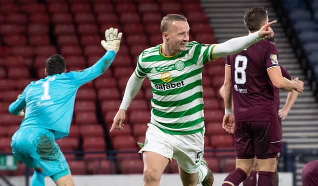 Leigh Griffiths scores in Celtic's Scottish Cup final success over Hearts that claimed the club a quadruple treble and allowed him to sit alongside Tom Rogic as joint-15th in the club's most decorated player list. (Photo by Bill Murray / SNS Group)
